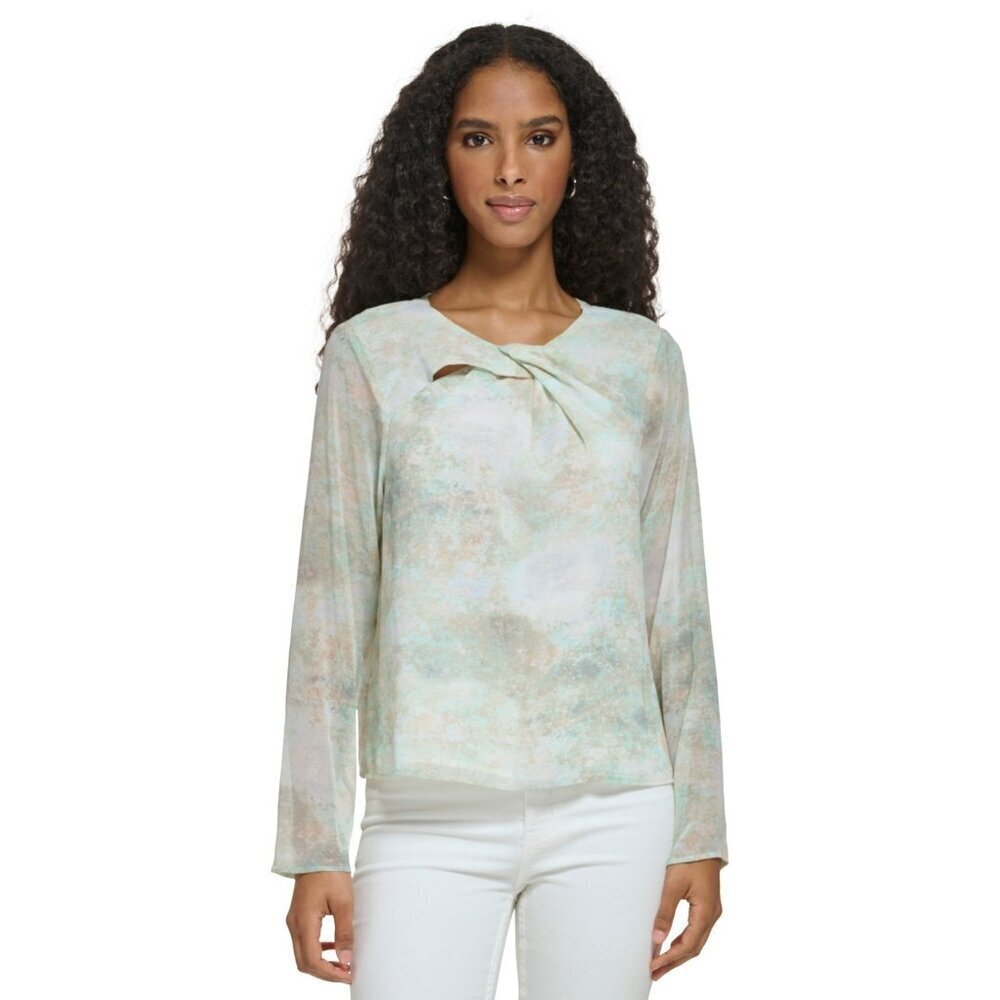 Calvin Klein Womens Large Long Sleeve Printed Twist Neck Chiffon Blouse $79 1199